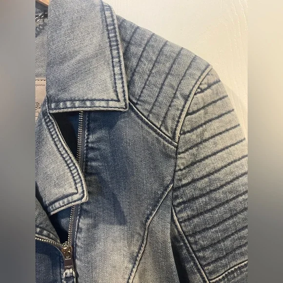 Marc Cain Blue Denim Biker Jacket  Quilted Moto Shoulders & Asymmetric Zip jeans - Picture 6 of 14